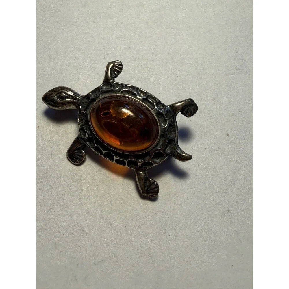 Amber Sterling Silver 925 TURTLE Brooch Pin